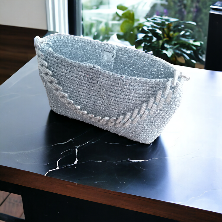 Hand crocheted wicker silver bag.