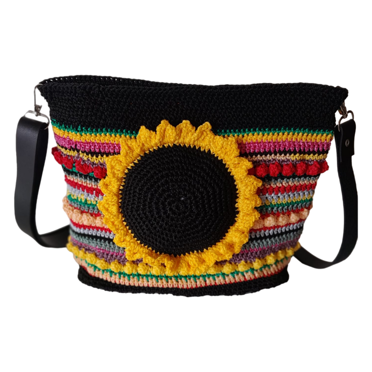 Hand Crafted lined macrame sunflower bag with adjustable leather strap.